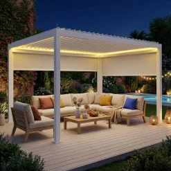 Pérgola bioclimática em alumínio 3x4m LED com estore 3m + estore 4m