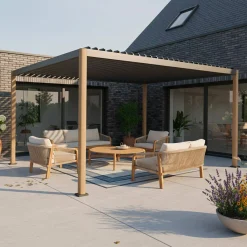 Pérgola bioclimática em alumínio e aço 3x4m com lâminas ajustáveis e pés arredondados