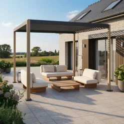 Pérgola bioclimática em alumínio e aço 3x3m com lâminas ajustáveis e pés arredondados