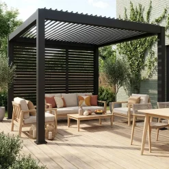Pérgola bioclimática em alumínio 3x4m + 3 persianas horizontais 1m