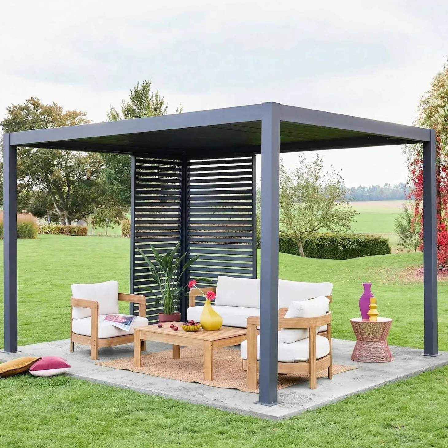 Pérgola bioclimática em alumínio 3x4m com 1 persiana 100cm + 1 persiana 130cm