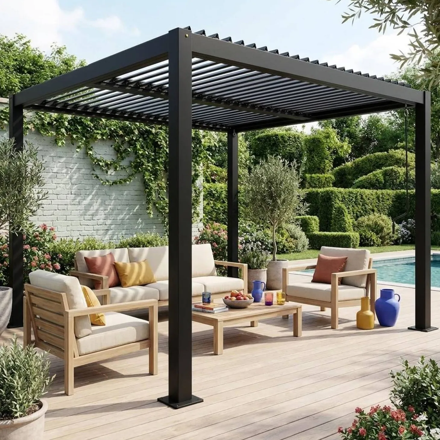 Pérgola bioclimática em alumínio e aço 3x3m com lâminas ajustáveis