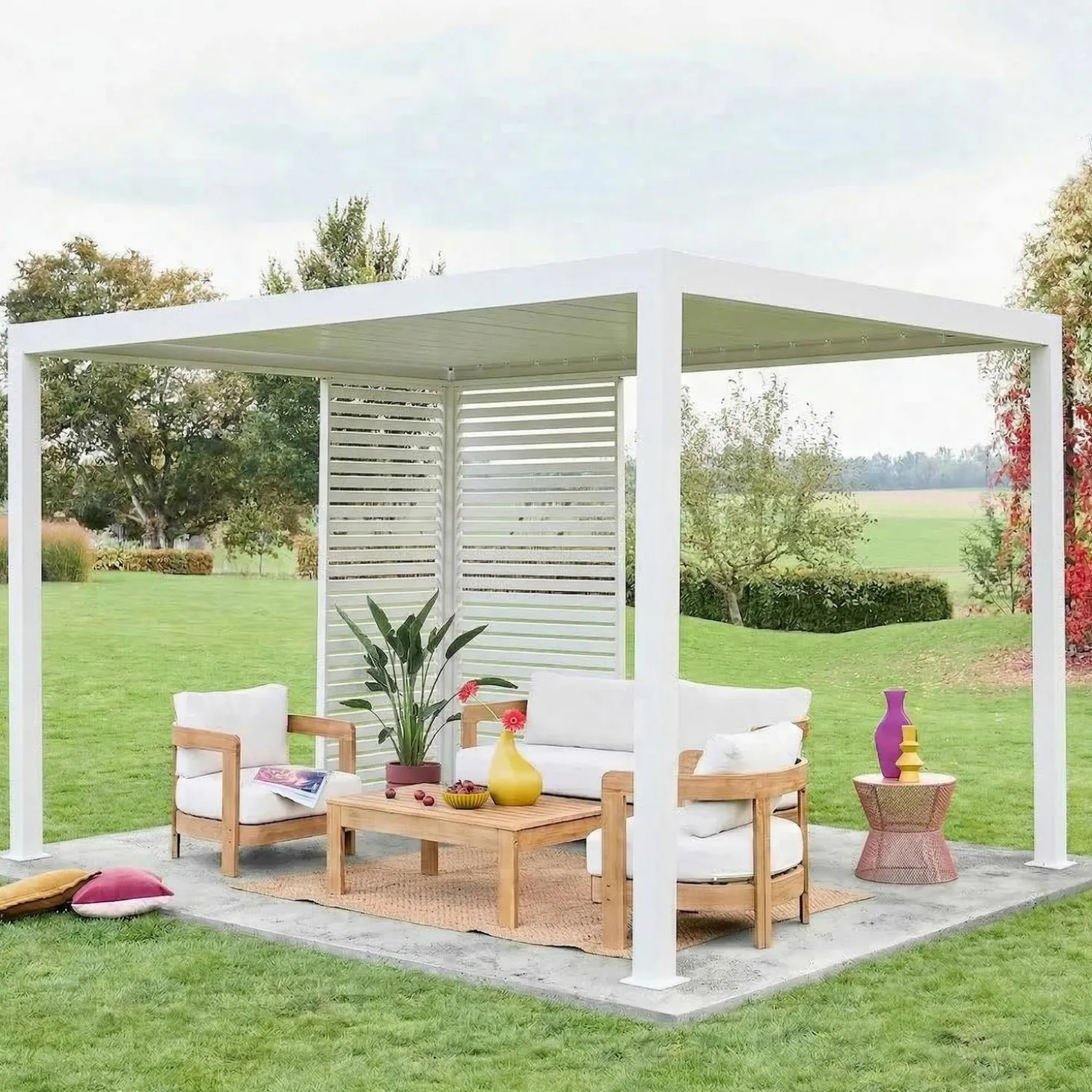 Pérgola bioclimática em alumínio 3x4m com 1 persiana 100cm + 1 persiana 130cm