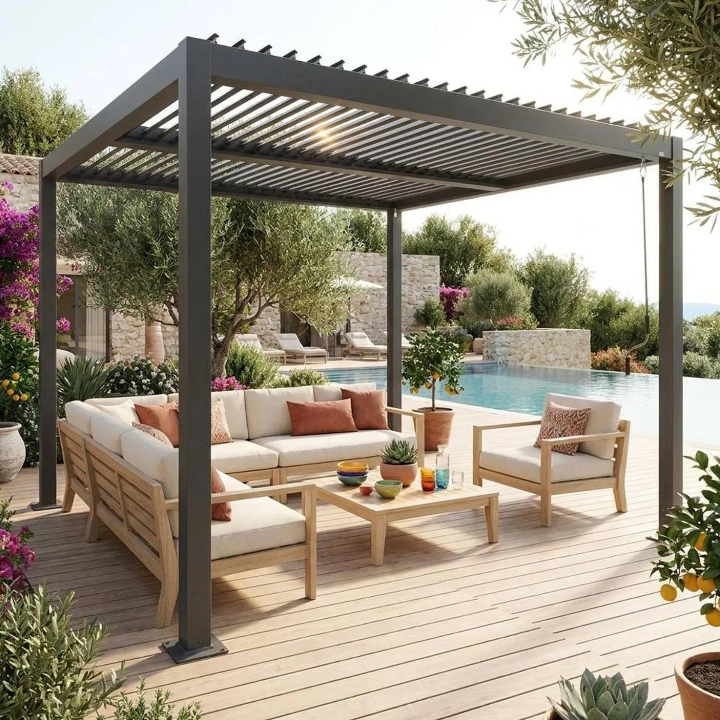 Pérgola bioclimática em alumínio e aço 3x3m com lâminas ajustáveis