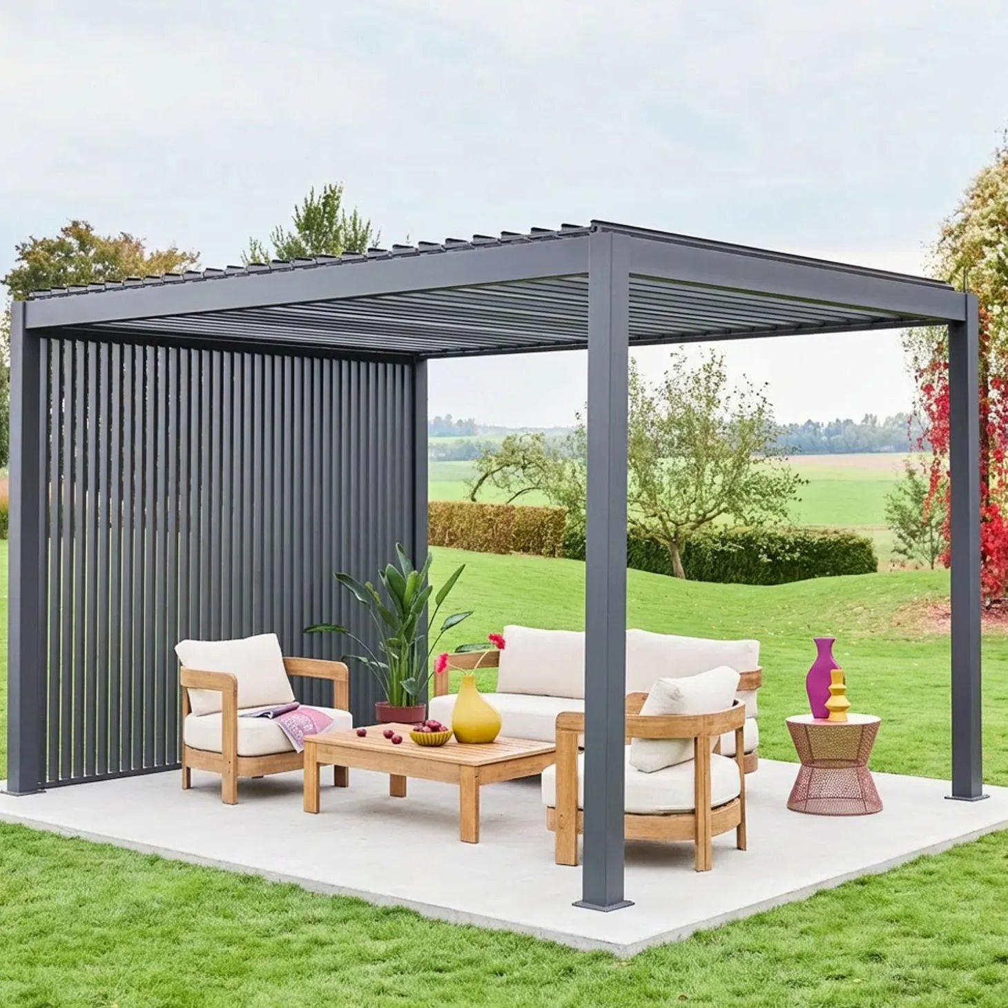 Pérgola bioclimática em alumínio 3x4m + 3 persianas verticais 1m