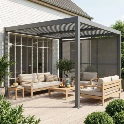 Pérgola bioclimática em alumínio e aço 3x3m + estore 3m