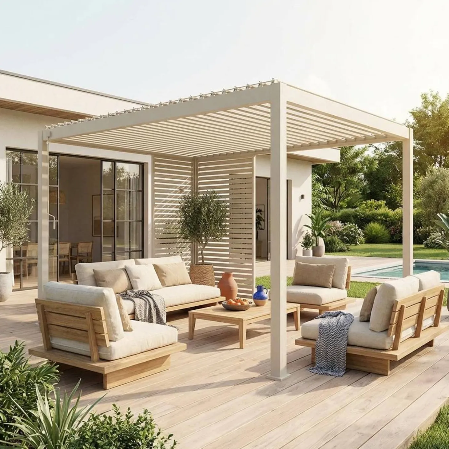 Pérgola bioclimática em alumínio 3x4m com 1 persiana 100cm + 1 persiana 130cm