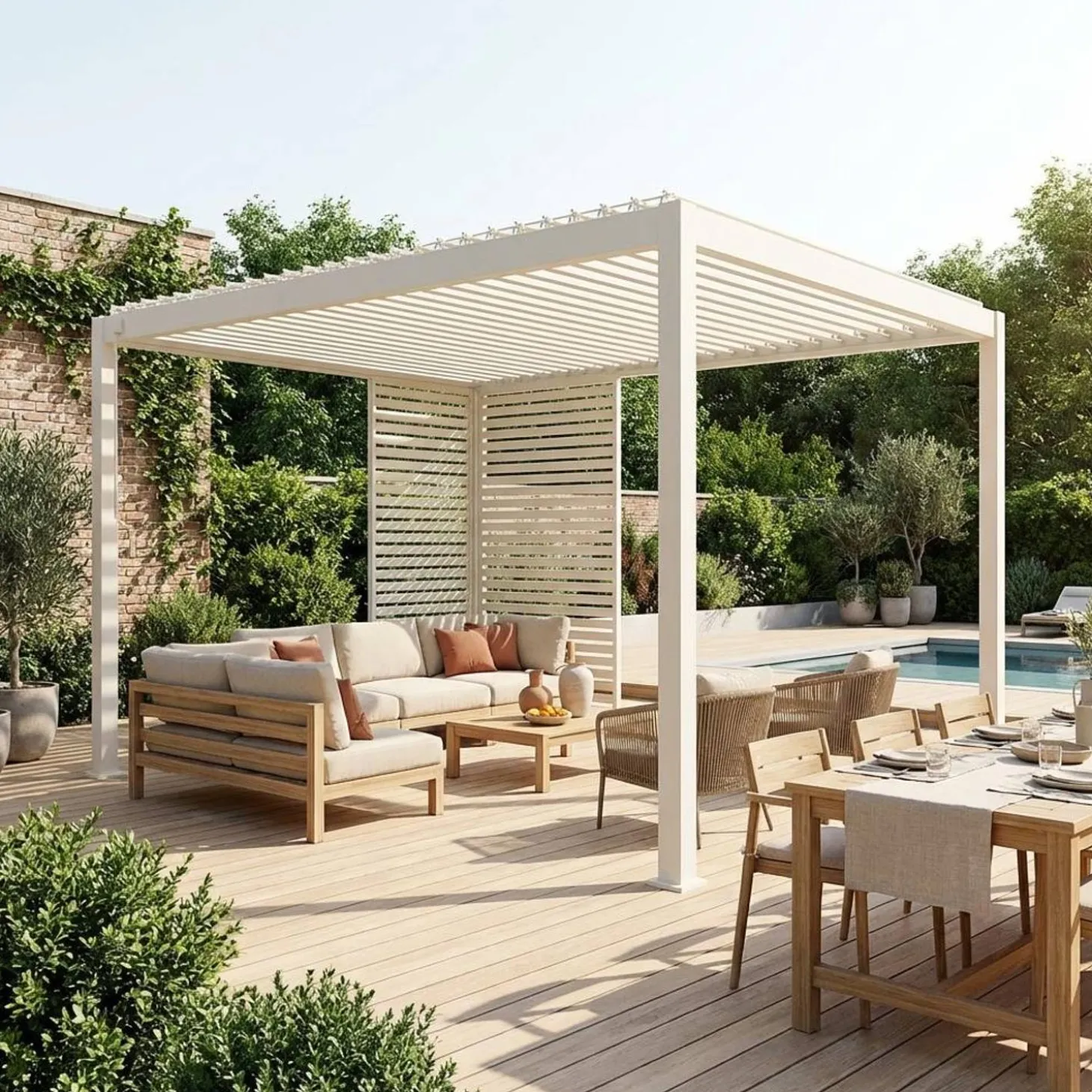Pérgola bioclimática em alumínio 3x4m com 1 persiana 100cm + 1 persiana 130cm