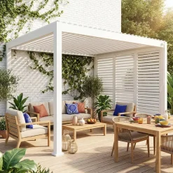 Pérgola bioclimática em alumínio 3x4m + 3 persianas horizontais 1m