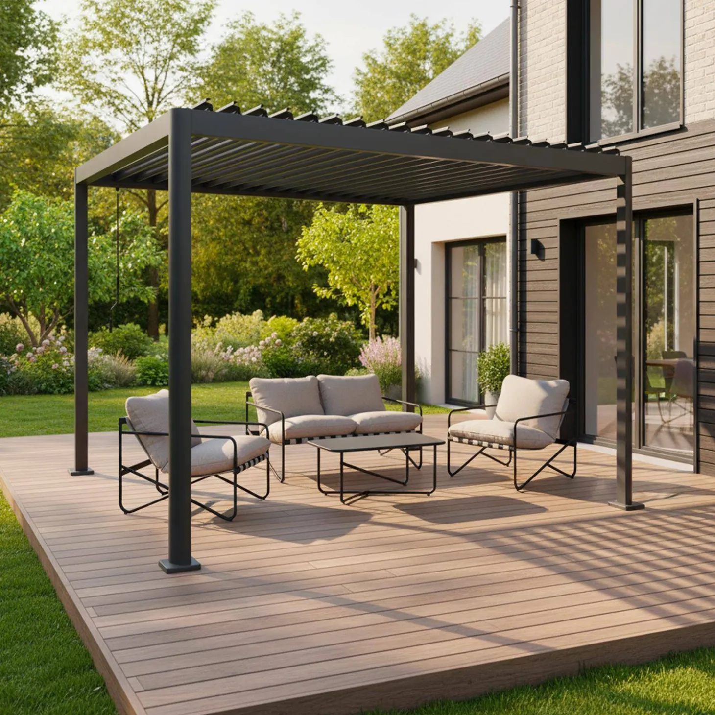 Pérgola bioclimática em alumínio e aço 3x3m com lâminas ajustáveis e pés arredondados