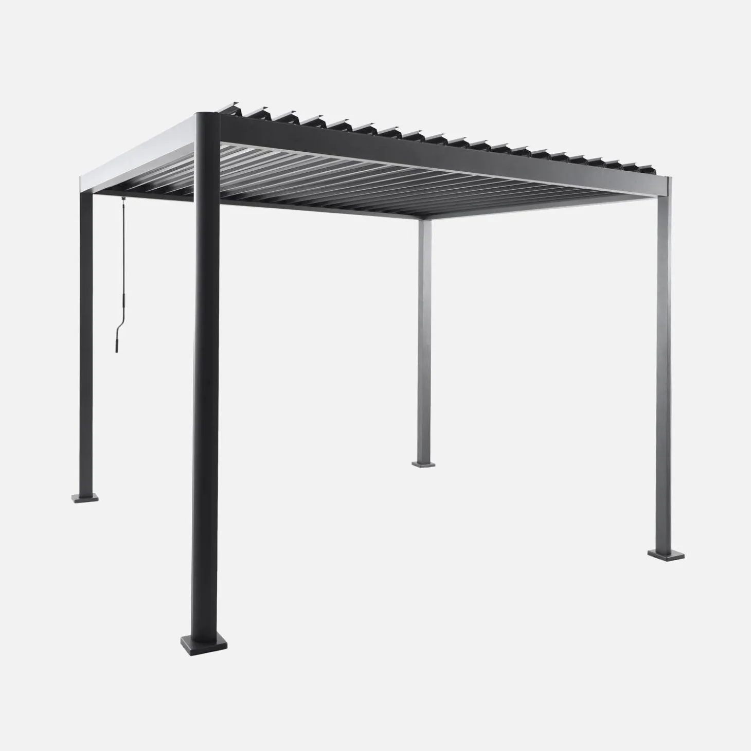 Pérgola bioclimática em alumínio e aço 3x3m com lâminas ajustáveis e pés arredondados