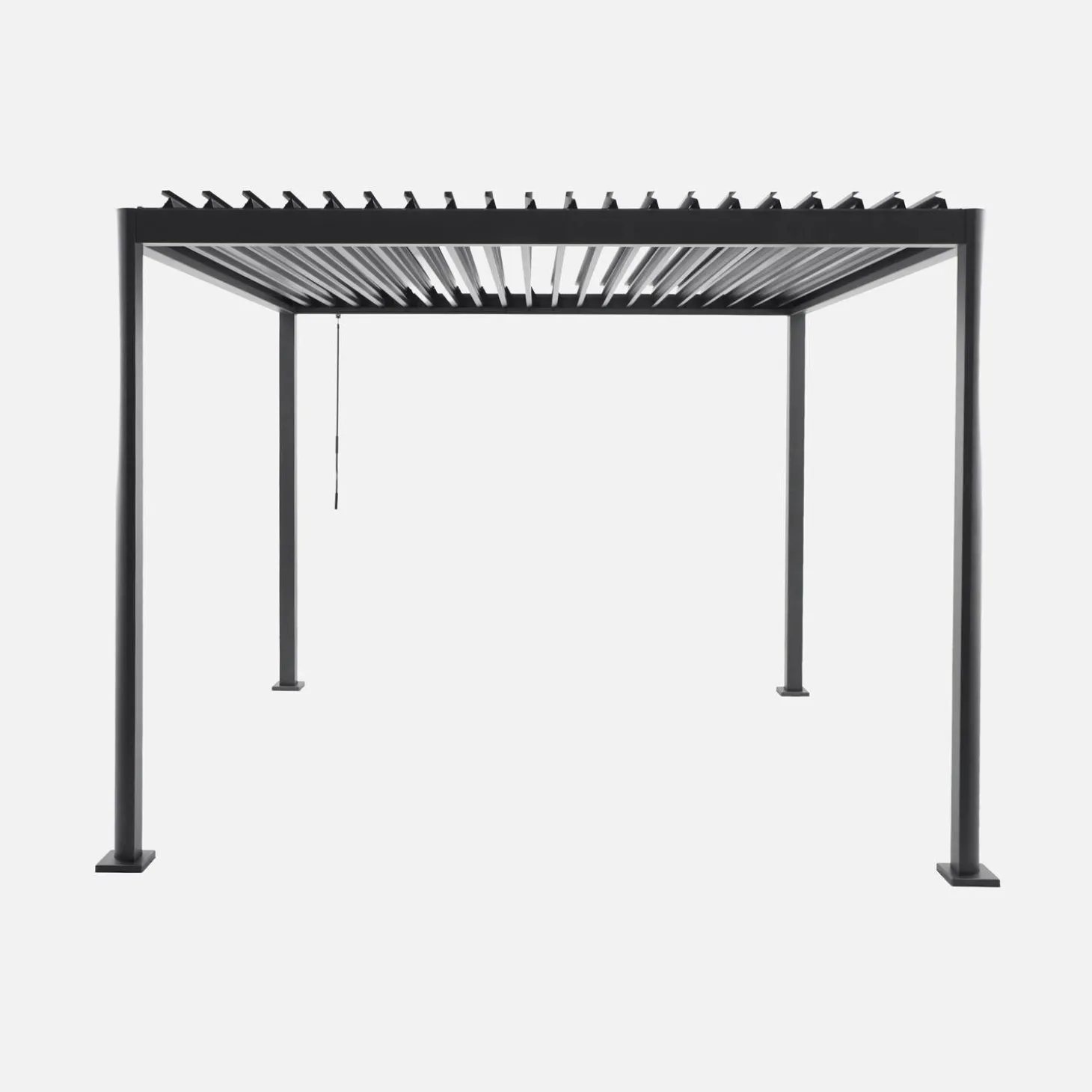 Pérgola bioclimática em alumínio e aço 3x3m com lâminas ajustáveis e pés arredondados