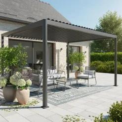 Pérgola bioclimática em alumínio e aço 3x4m com lâminas ajustáveis e pés arredondados