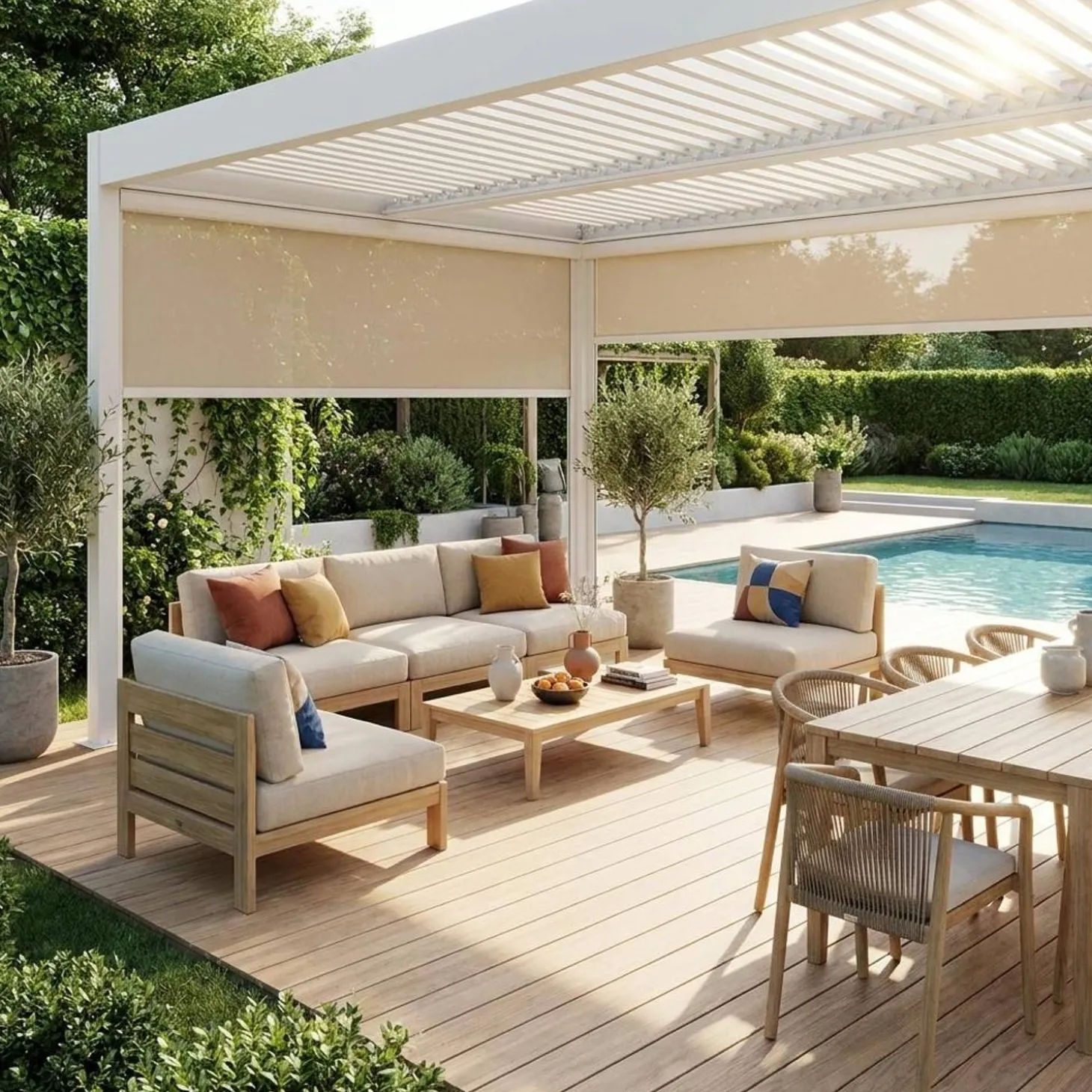 Pérgola bioclimática em alumínio e aço 3x4m com 2 estores 3m + 1 estore 4m