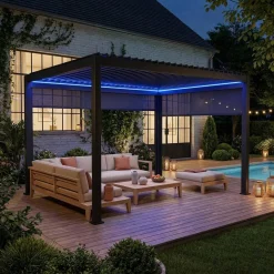 Pérgola bioclimática em alumínio 3x4m LED com estore 3m + estore 4m