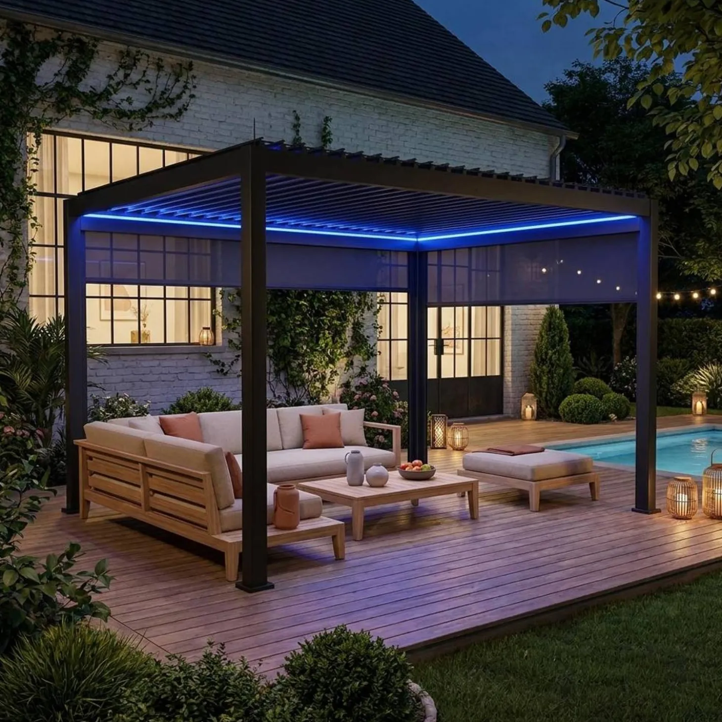 Pérgola bioclimática em alumínio 3x4m LED com estore 3m + estore 4m