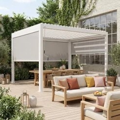 Pérgola bioclimática em alumínio 3x4m com 2 estores de 3m + 1 estore de 4m
