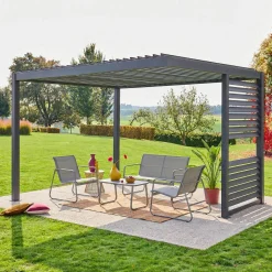 Pérgola bioclimática em alumínio e aço 3,5x3,5m com lâminas ajustáveis e persiana integrada