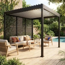 Pérgola bioclimática em alumínio 3x3m com lâminas ajustáveis + 3 persianas