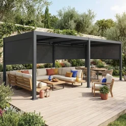 Pérgola bioclimática 3x6m alumínio e aço, lâminas ajustáveis + 4 estores 3m