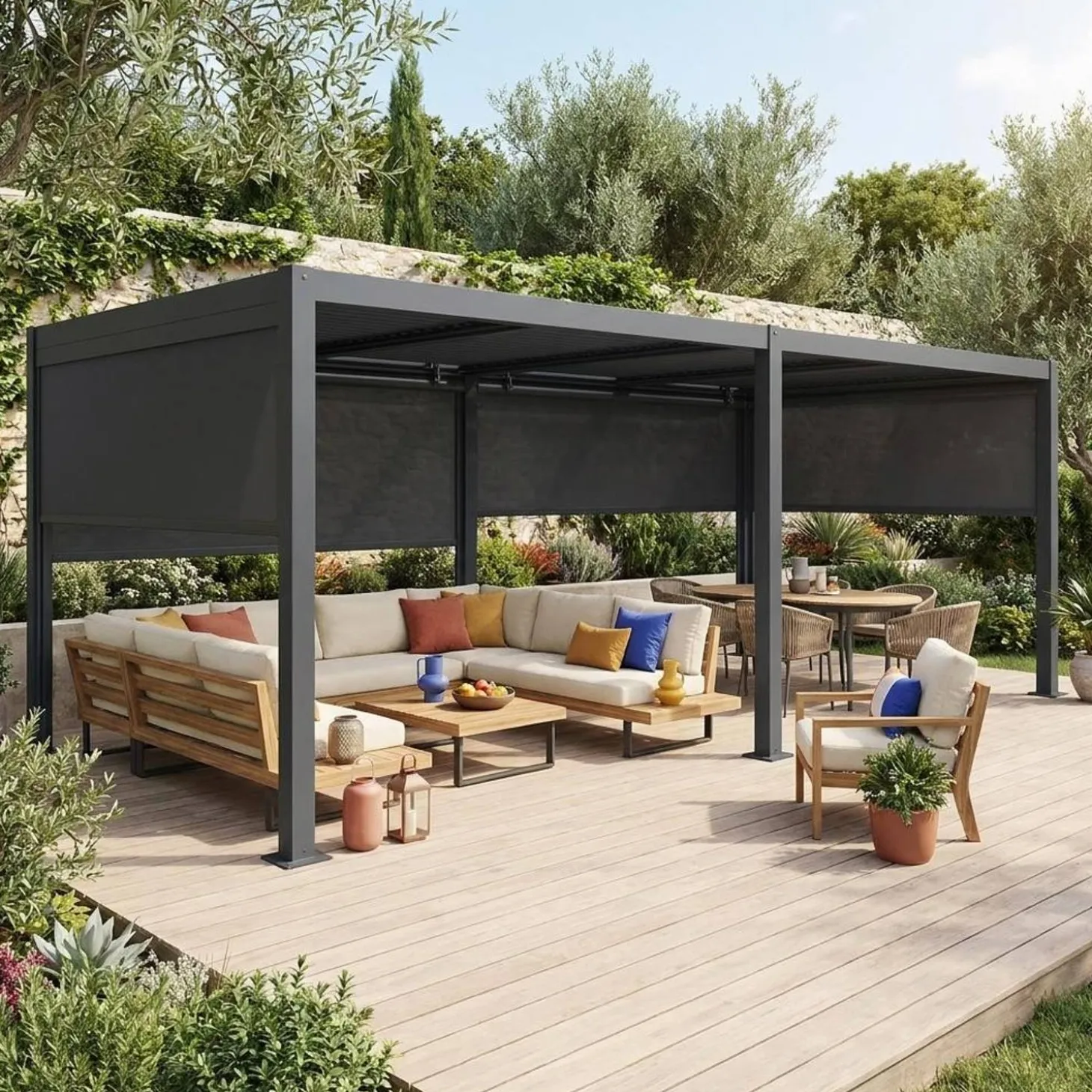Pérgola bioclimática 3x6m alumínio e aço, lâminas ajustáveis + 4 estores 3m