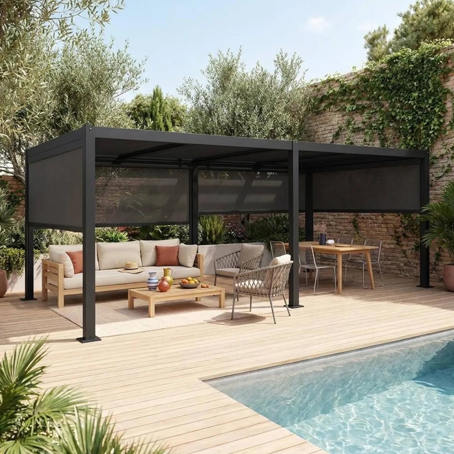 Pérgola bioclimática 3x6m alumínio e aço, lâminas ajustáveis + 4 estores 3m