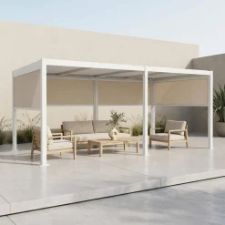 Pérgola bioclimática 3x6m alumínio e aço, lâminas ajustáveis + 4 estores 3m
