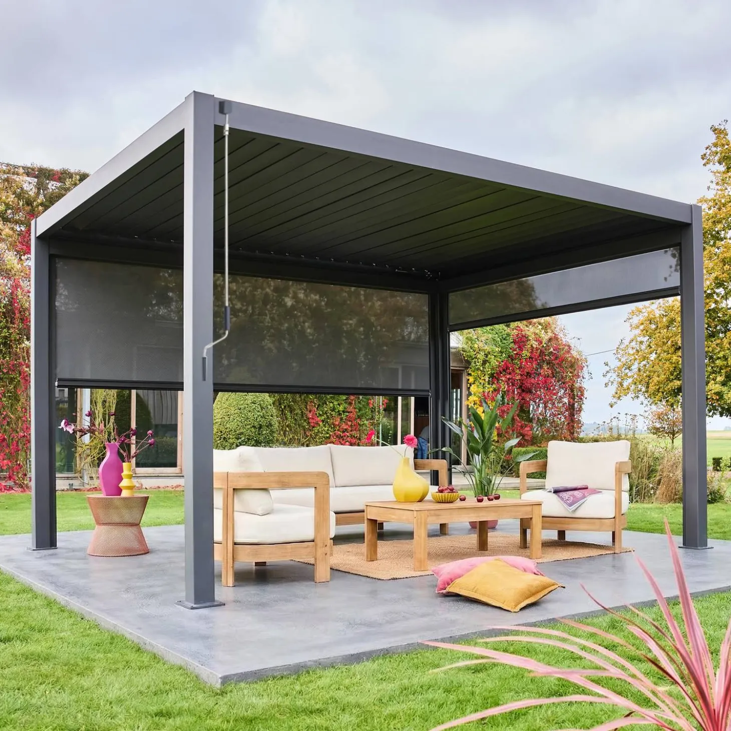 Pérgola bioclimática 3x4m com estore de 3m + estore de 4m