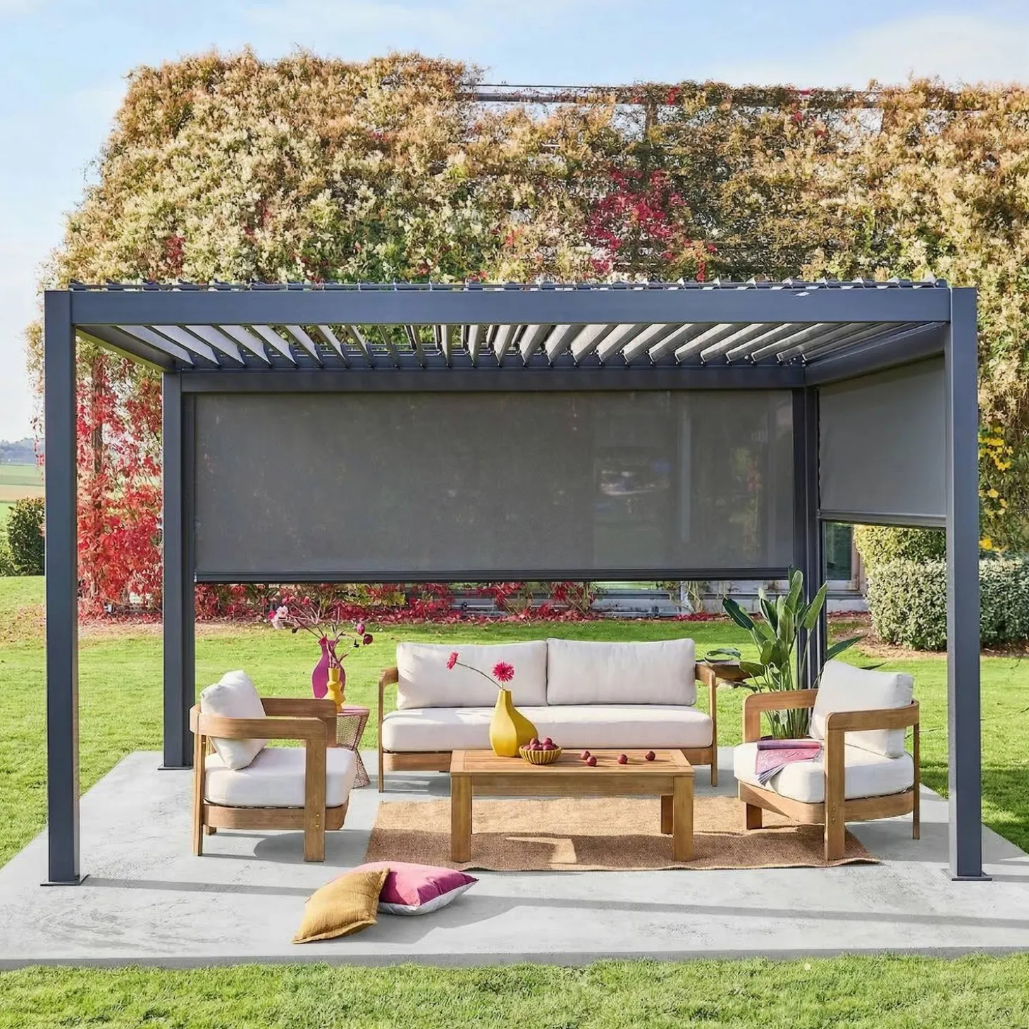 Pérgola bioclimática 3x4m com estore de 3m + estore de 4m