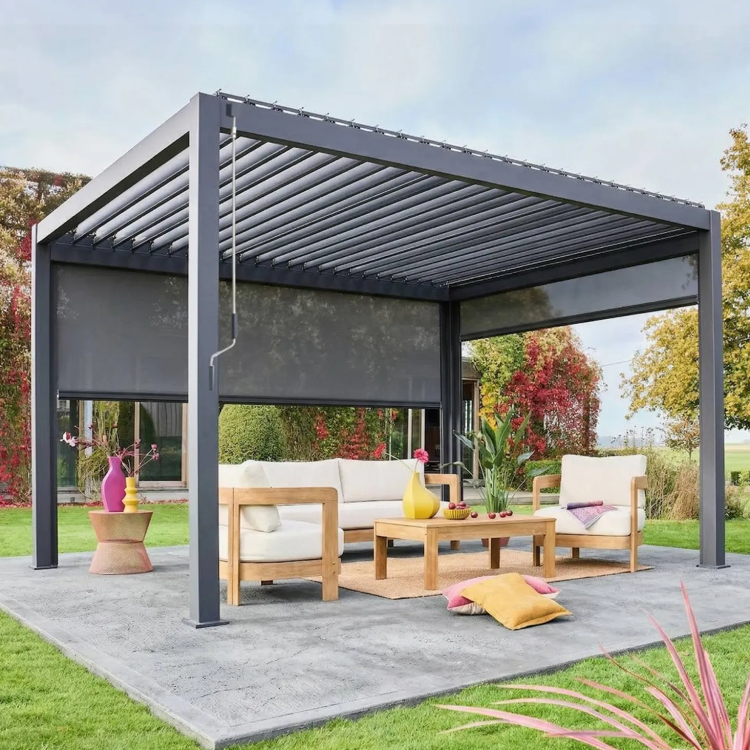 Pérgola bioclimática 3x4m com estore de 3m + estore de 4m