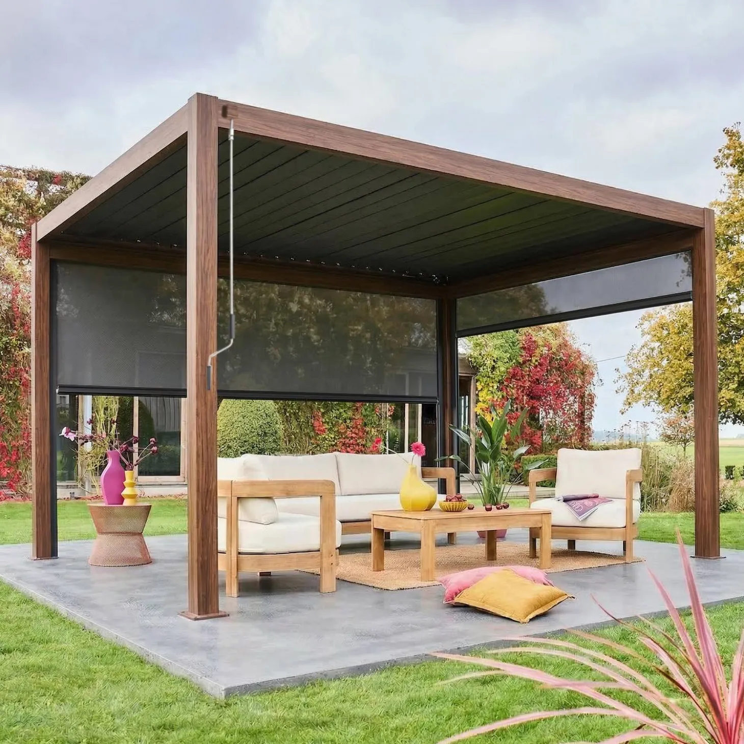 Pérgola bioclimática 3x4m com estore de 3m + estore de 4m
