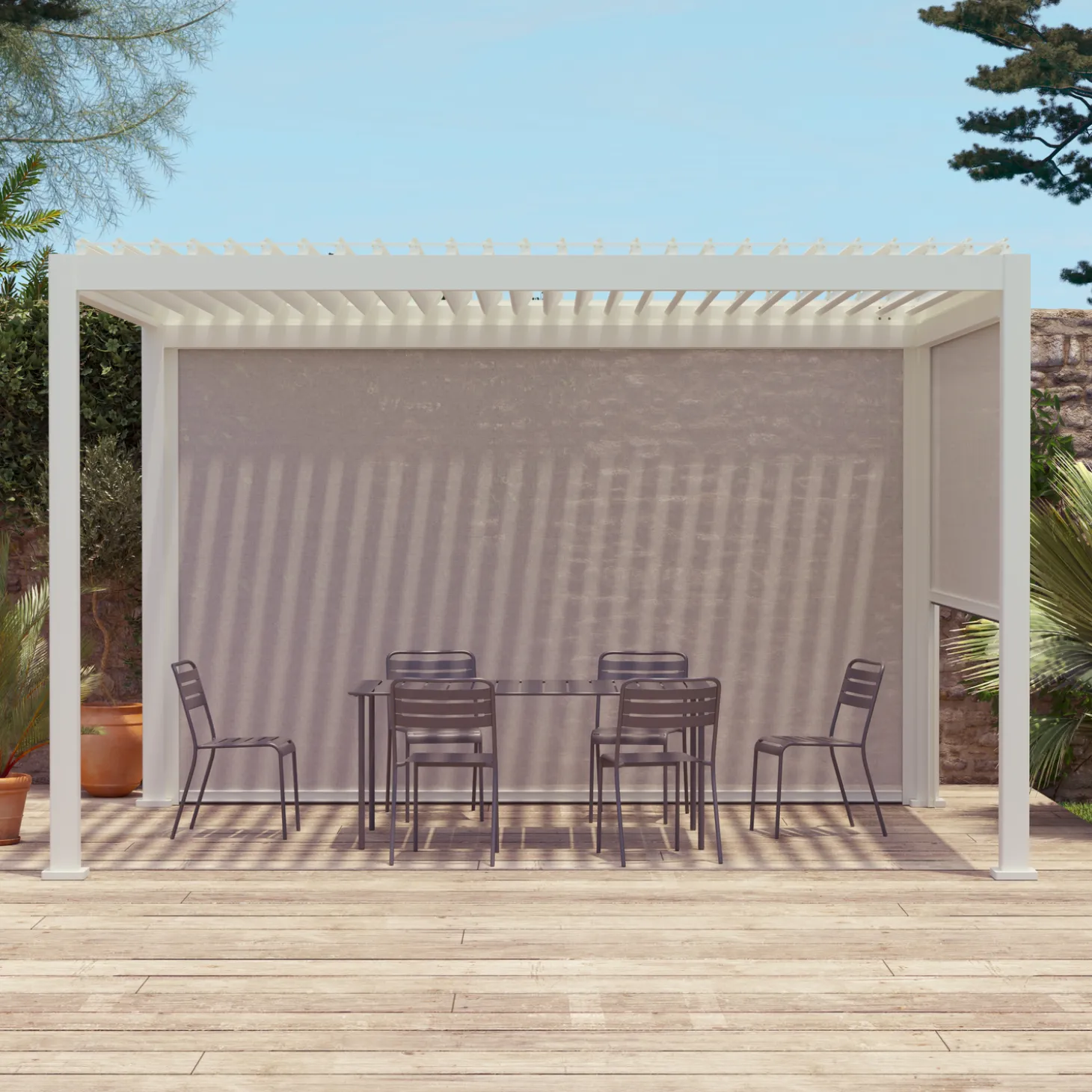 Pérgola bioclimática 3x4m com estore de 3m + estore de 4m