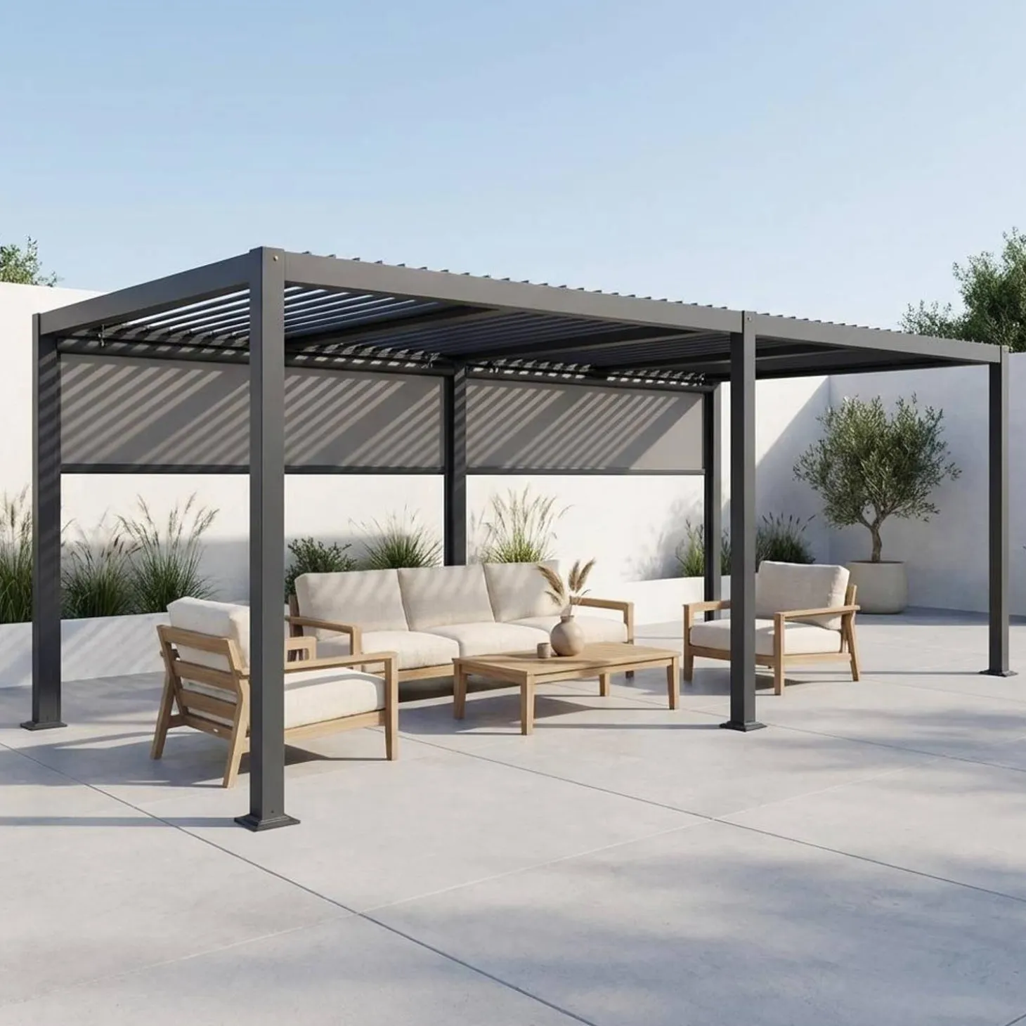 Pérgola bioclimática 3x6m de alumínio e aço + 2 toldos 3m