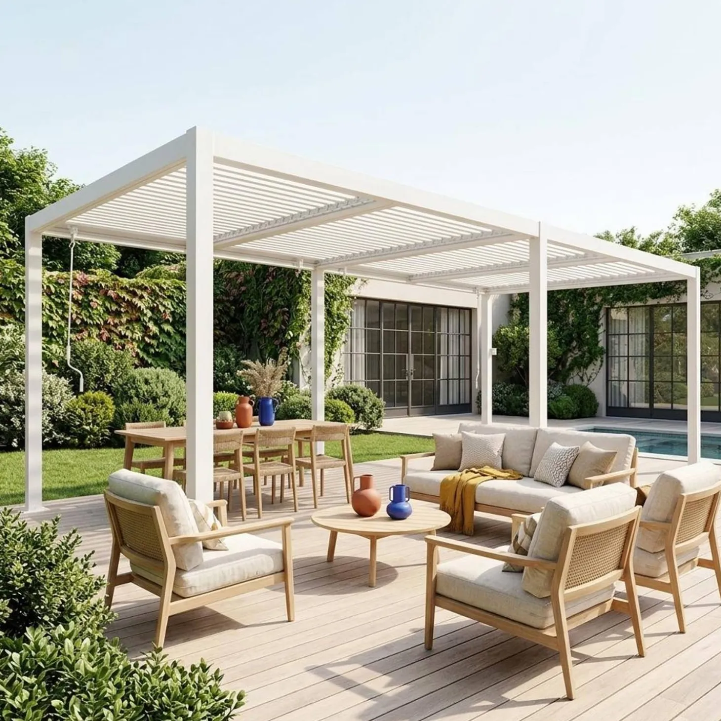 Pérgola bioclimática 3x6m em alumínio e aço com lâminas ajustáveis