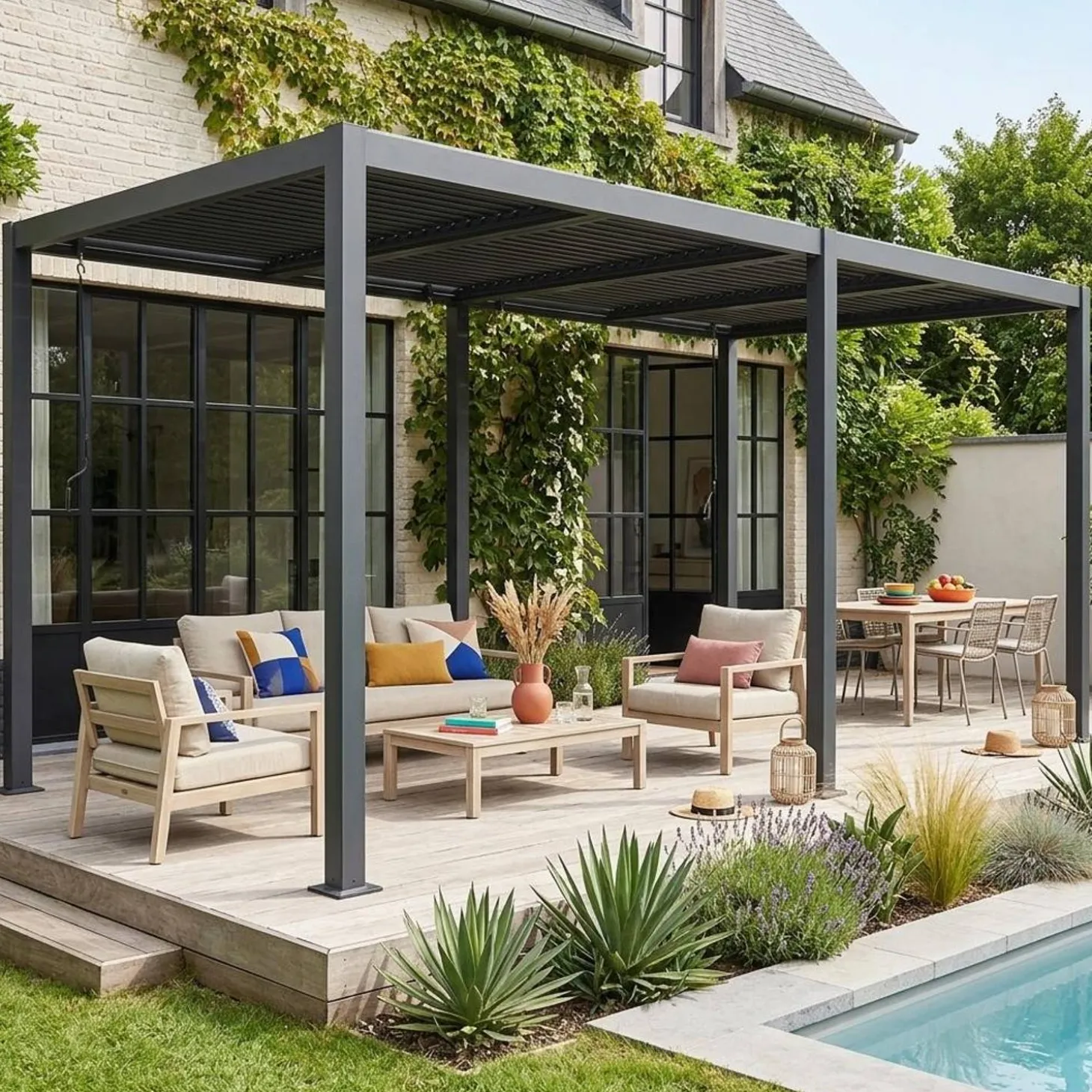 Pérgola bioclimática 3x6m em alumínio e aço com lâminas ajustáveis