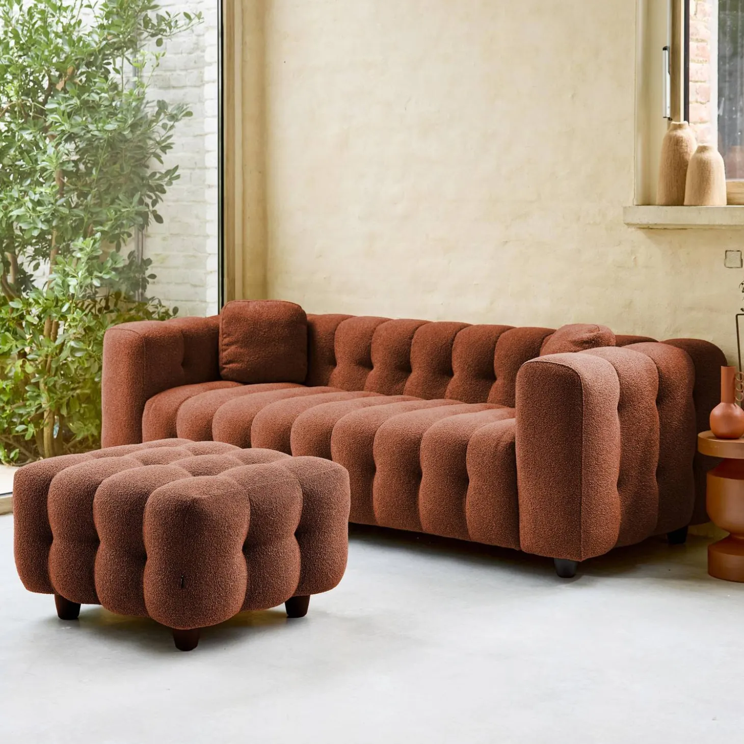 Pufe, descanso para os pés para sofá boucle texturada de 3 lugares