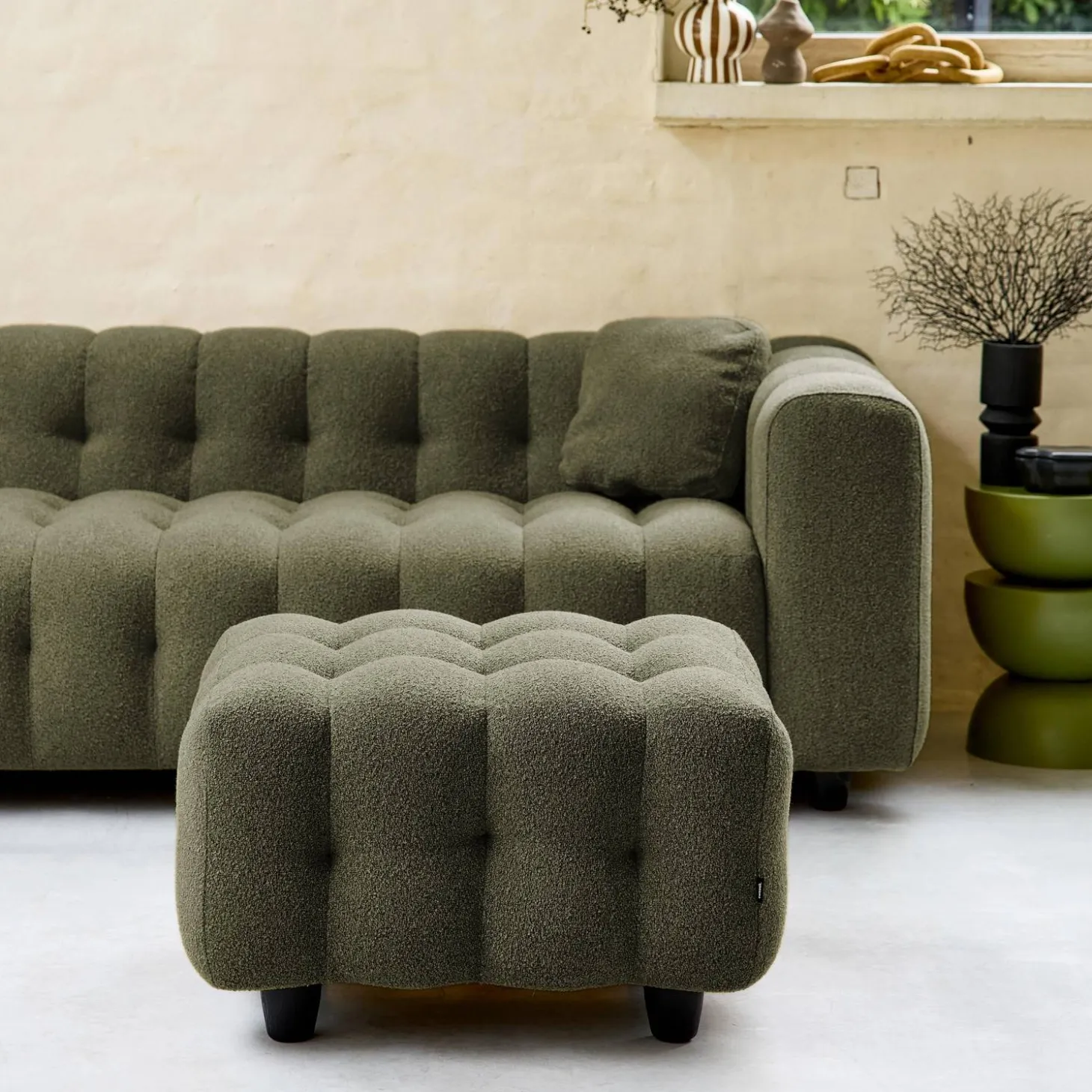 Pufe, descanso para os pés para sofá boucle texturada de 3 lugares