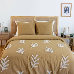 Roupa de cama de algodão lavado com motivos vegetais tuftados, 2 lugares