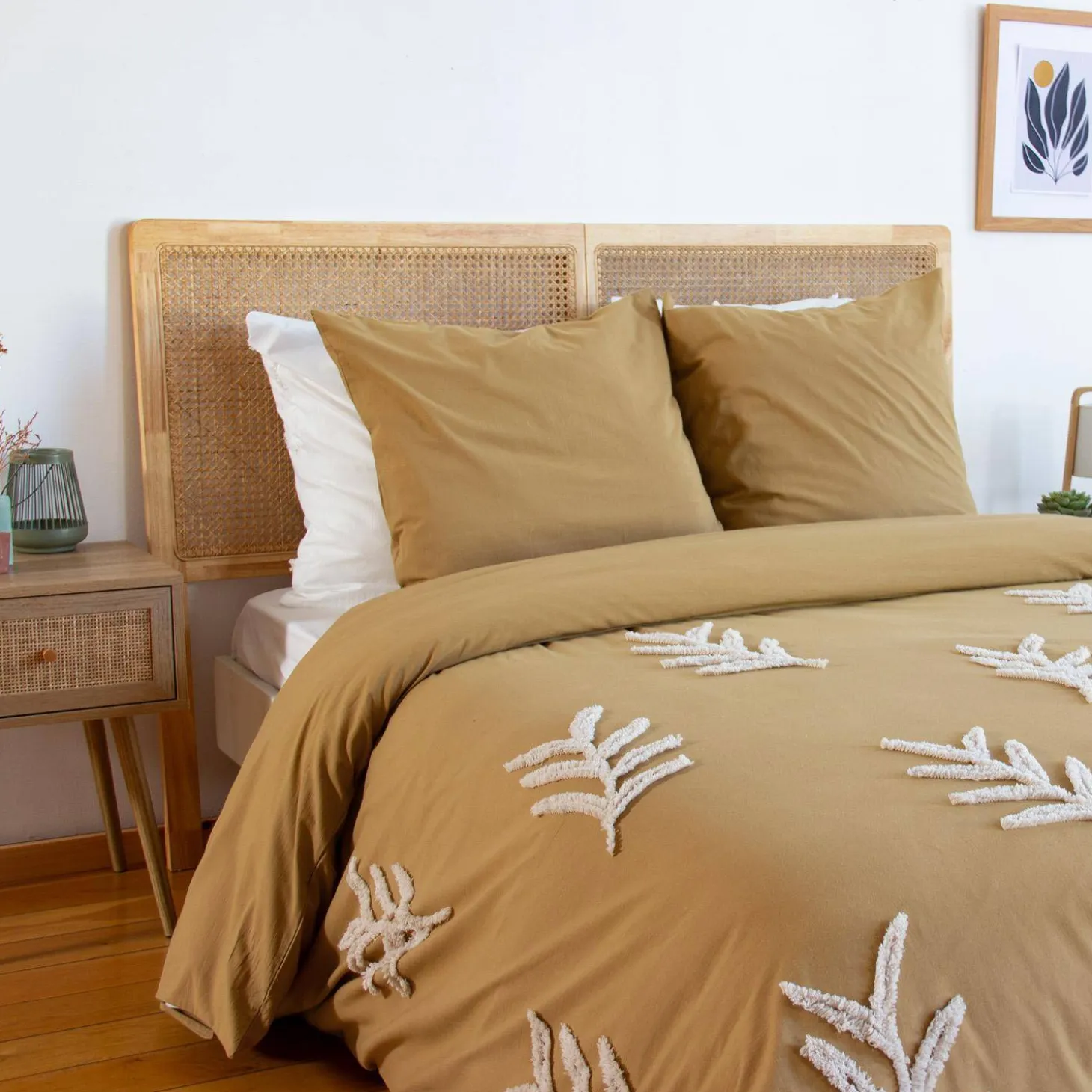 Roupa de cama de algodão lavado com motivos vegetais tuftados, 2 lugares