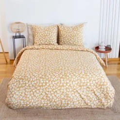Roupa de cama de algodão reversível com estampa de leopardo amarelo, 2 lugares