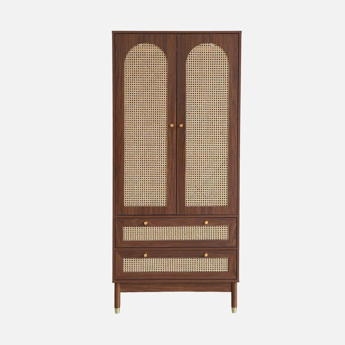 Roupeiro com acabamento em madeira e cana com 2 portas e 2 gavetas