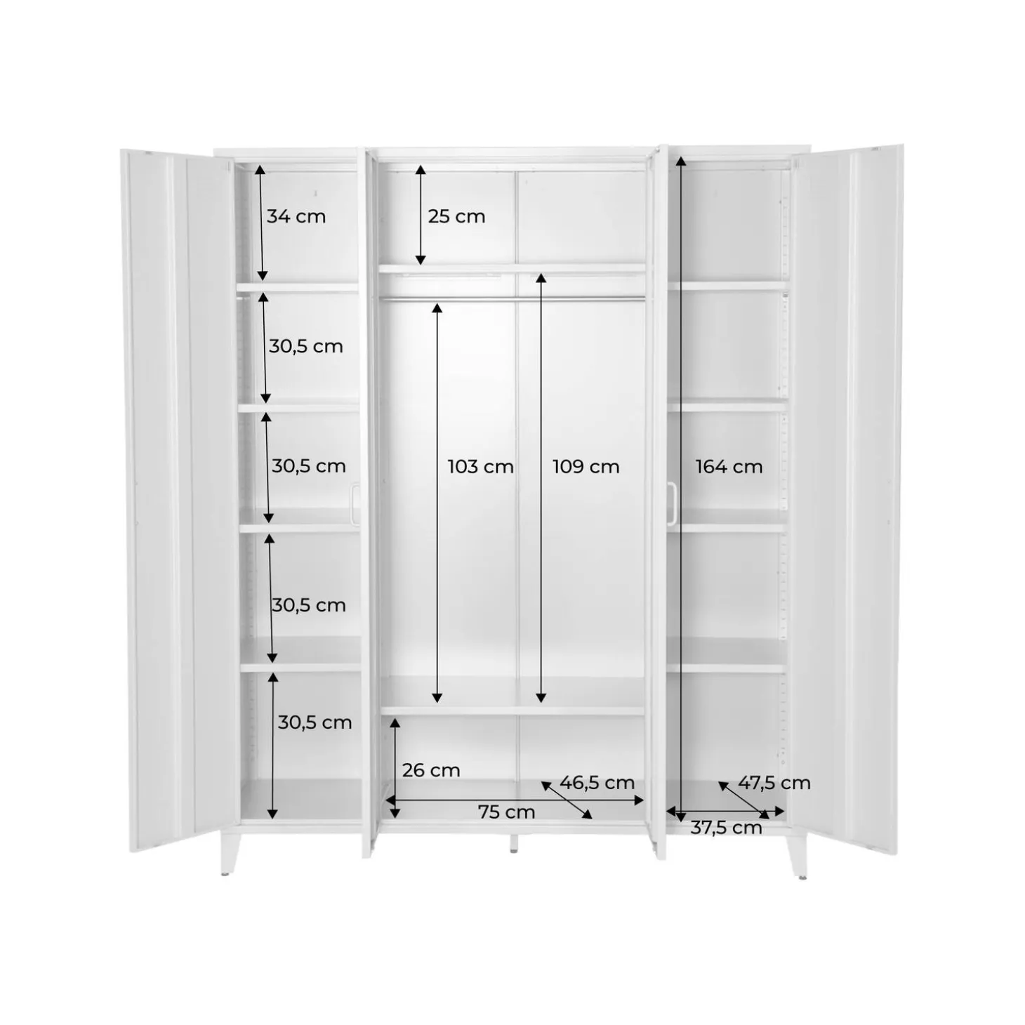 Roupeiro industrial em metal com 4 portas, 10 prateleiras e 1 cabideiro