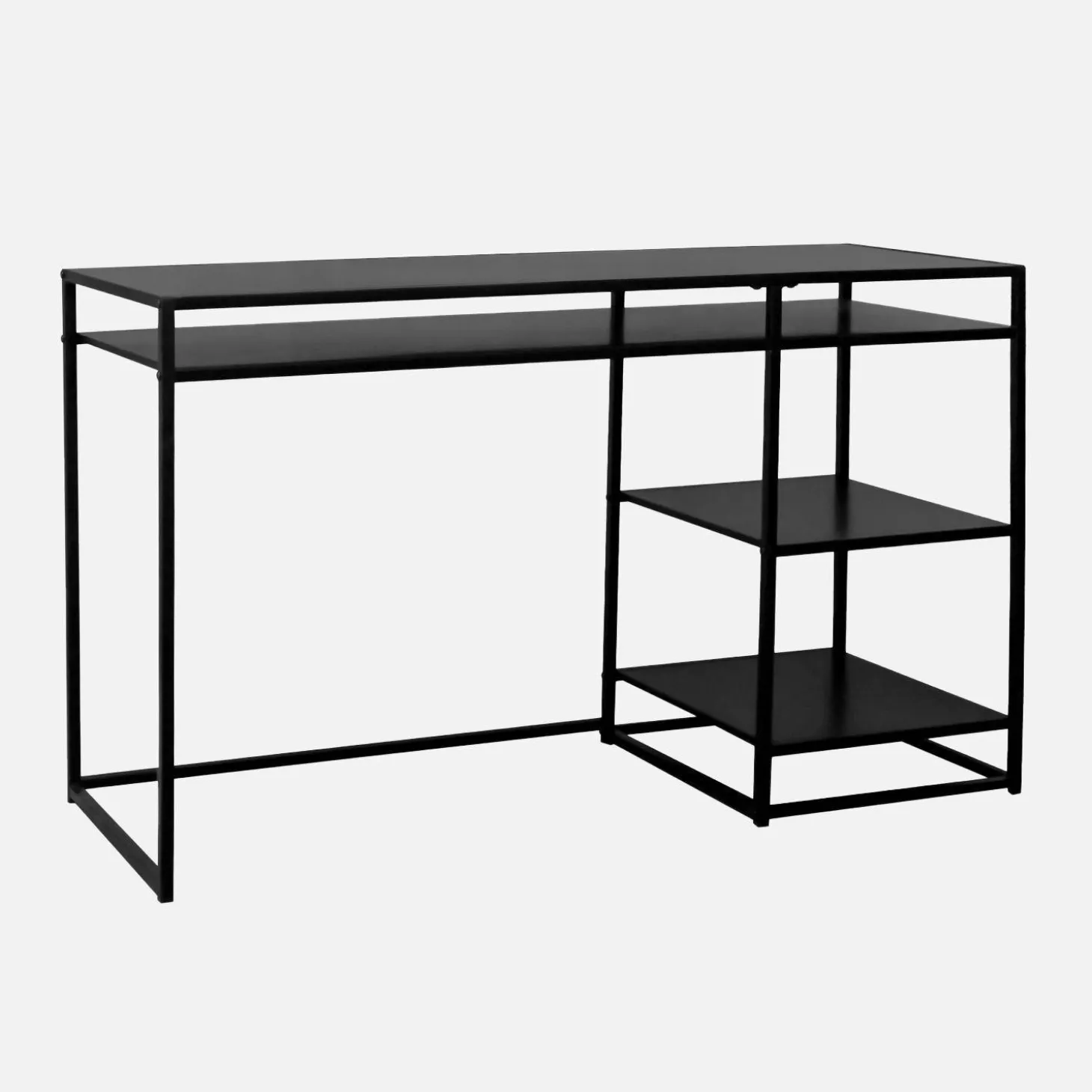 Secretária de metal preto com 2 prateleiras, 120cm