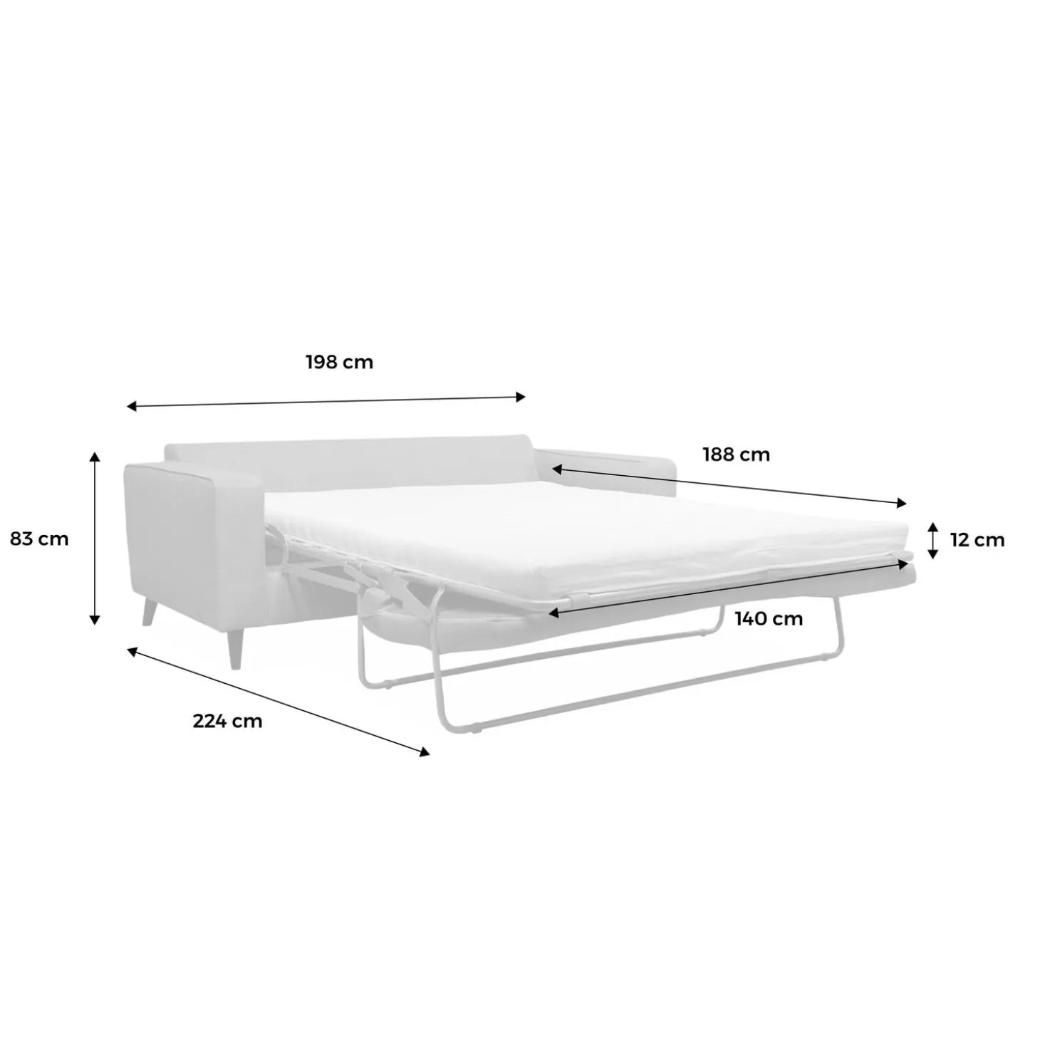 Sofá-cama com colchão, 3 lugares