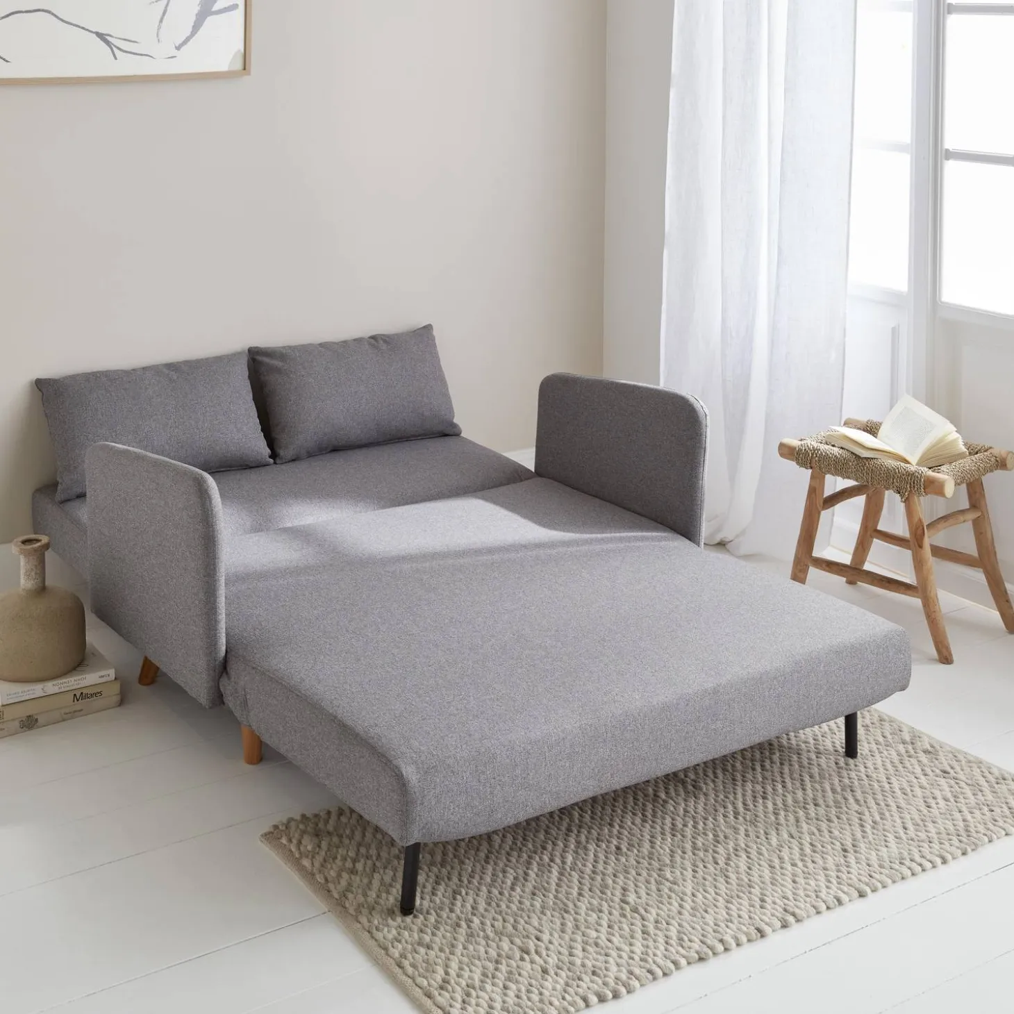 Sofá-cama com pés em madeira, 2 lugares