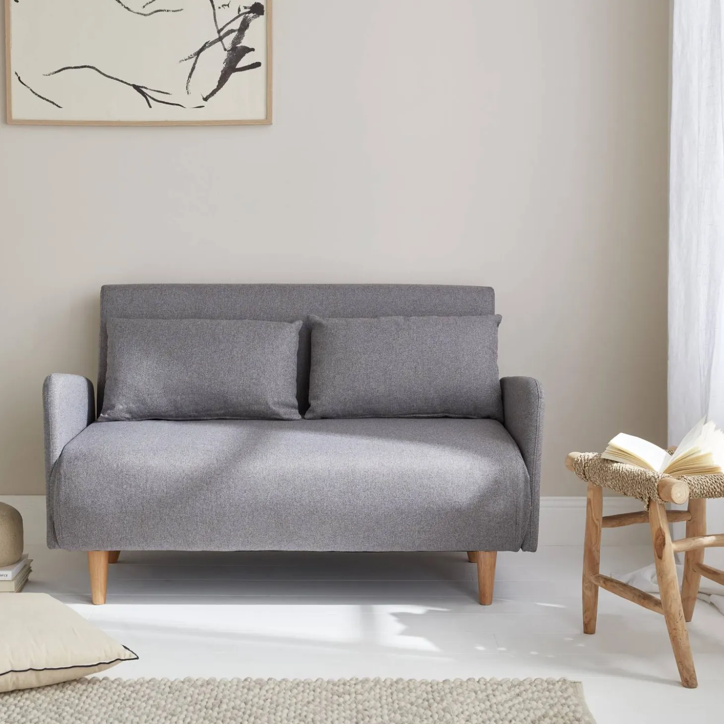 Sofá-cama com pés em madeira, 2 lugares