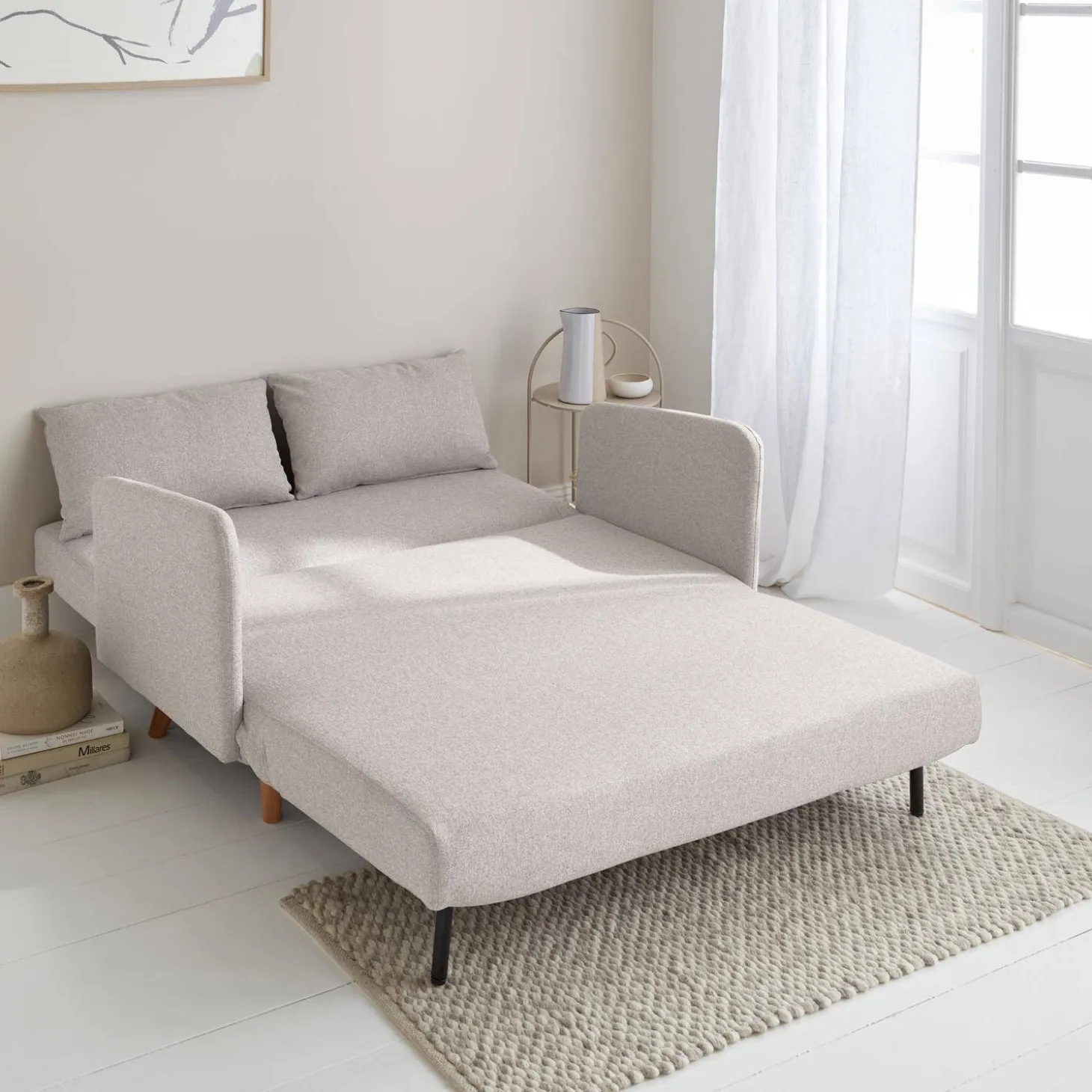 Sofá-cama com pés em madeira, 2 lugares
