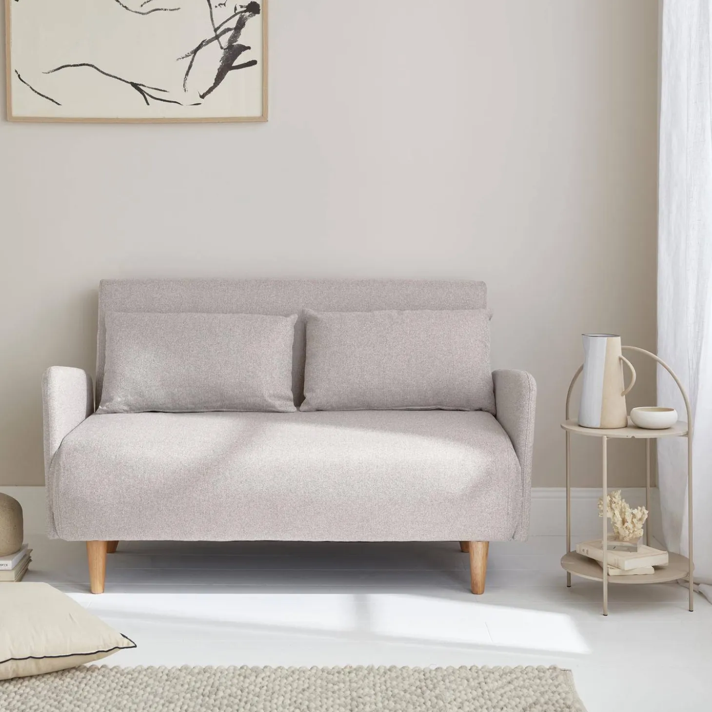 Sofá-cama com pés em madeira, 2 lugares