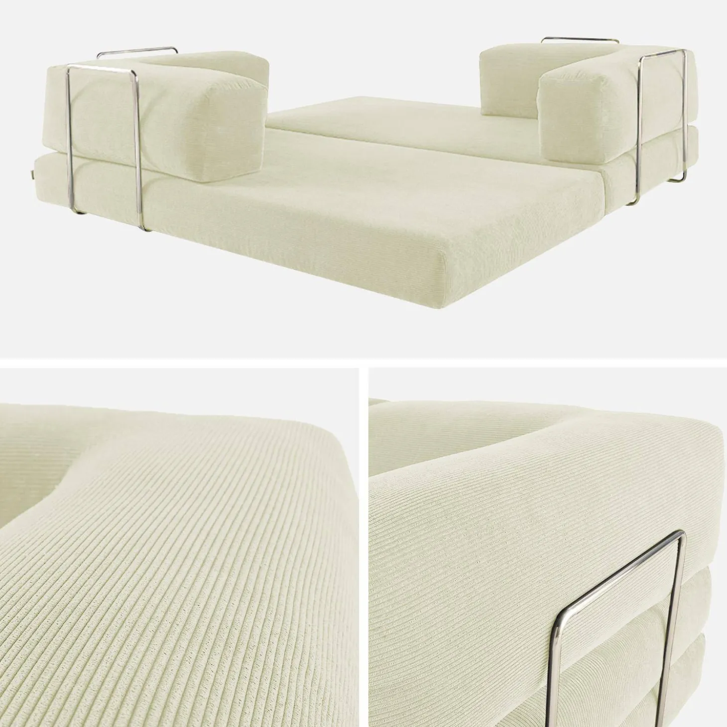 Sofá-cama conversível em veludo canelado com estrutura cromada, 3 lugares
