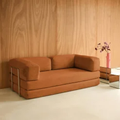 Sofá-cama conversível em veludo canelado com estrutura cromada, 3 lugares